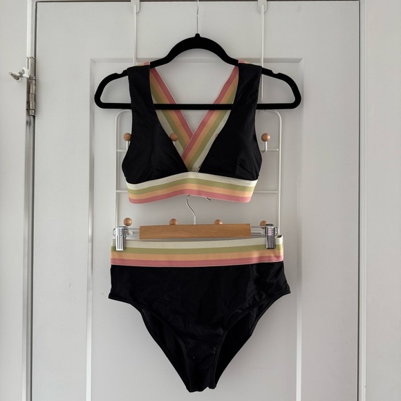 Retro-inspired black bikini set with pastel multi stripe detail - size Small (S) - Picture 5 of 5